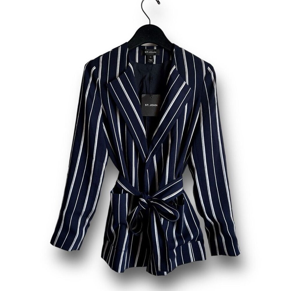 St. John pinstriped tie-waist blazer navy blue white women's size XL